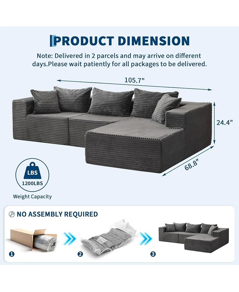 gaomon 106" Cloud Sectional Sofa with Chaise, Memory Foam Modular Couch, Right Facing, No Assembly