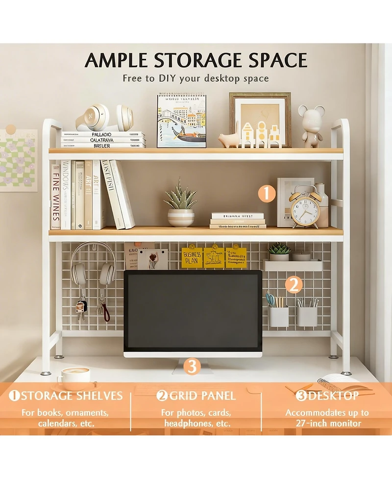 Yigii 2-Tier Desktop Hutch Bookshelf Metal Grid Panel Storage Organizer