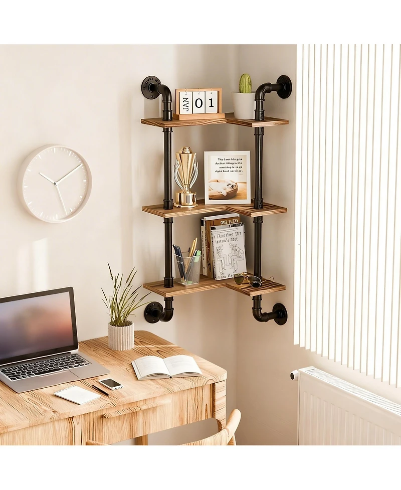 Yigii Industrial Pipe Shelving Pine Wood Floating Bathroom Shelves Wall Mounted L Shaped Corner Shelf