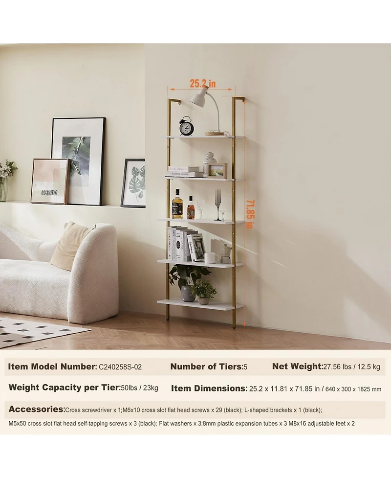 Gouun 5 Tier Ladder Shelf Wall Mounted Bookshelf with Metal Frame