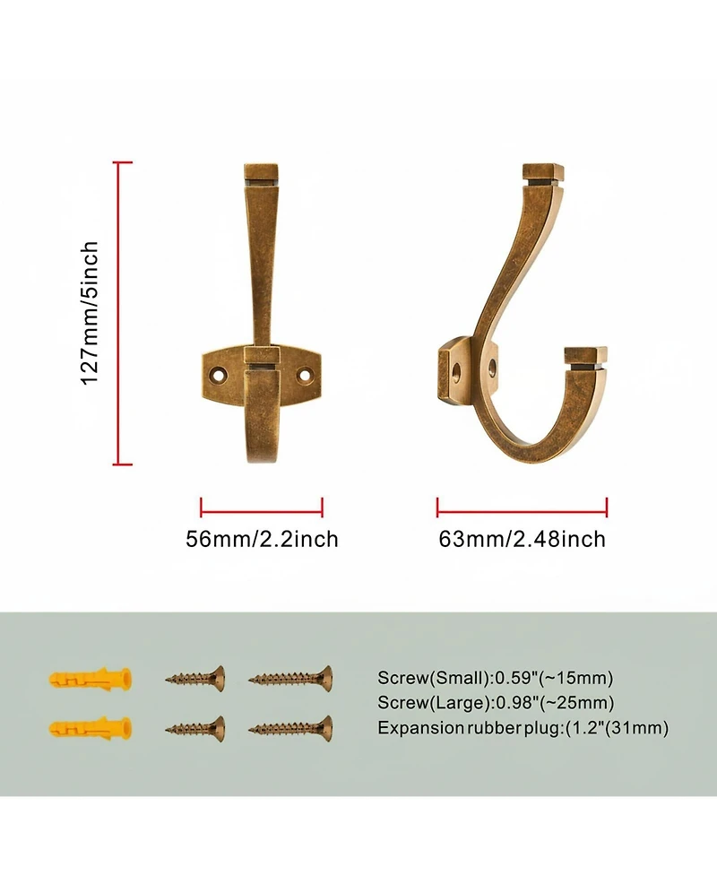 Yigii 5 Pack Double Coat Hat Hooks Antique Brass Wall Mounted Towel Hanger for Backpack Purse Organization