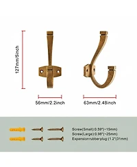 Yigii 5 Pack Double Coat Hat Hooks Antique Brass Wall Mounted Towel Hanger for Backpack Purse Organization