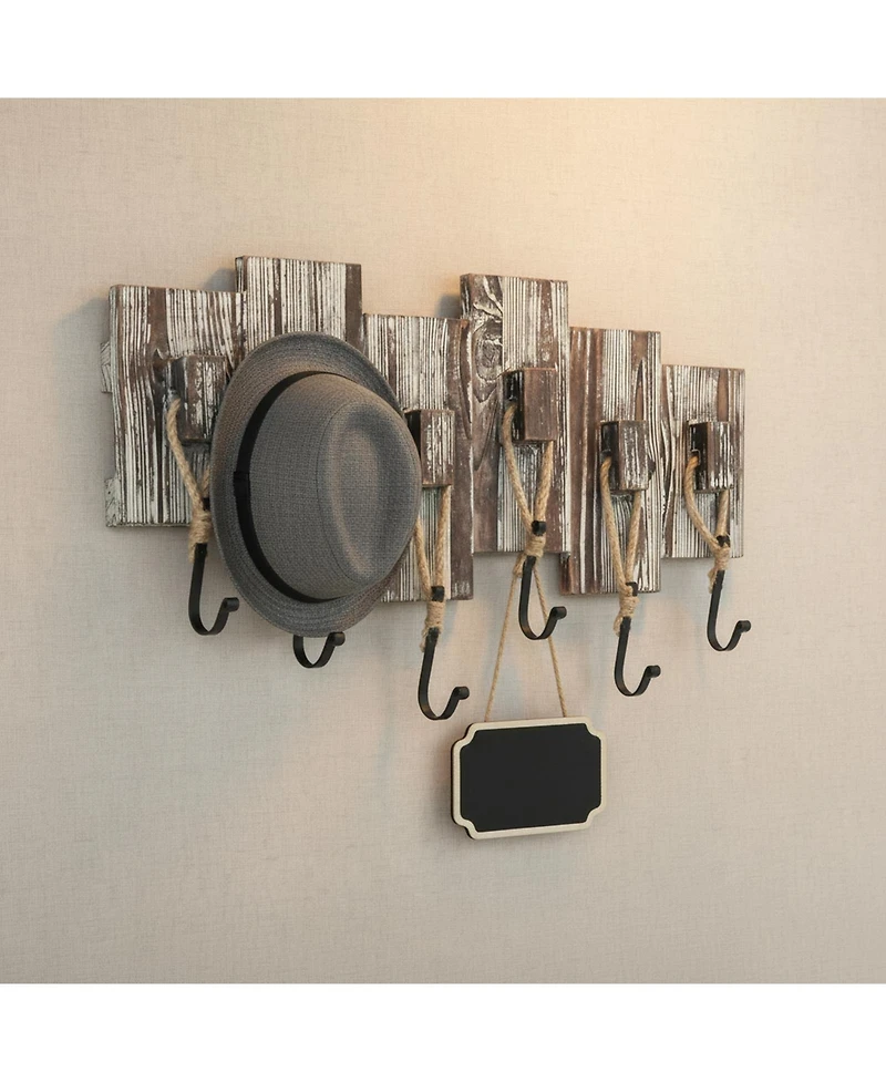 Yigii Wall Mounted Torched Wood Coat Rack Nautical Rope Metal Hooks Entryway Storage