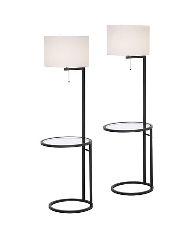 360 Lighting Space Saver Modern Floor Lamps with Tray Table 62" Tall Set of 2 Metal Fabric Drum Shade for Living Room Bedroom Office House