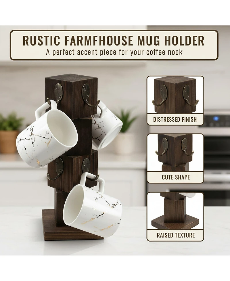 Yigii Rustic Solid Wood Coffee Mug Holder Tree 8 Hooks Farmhouse Cup Rack