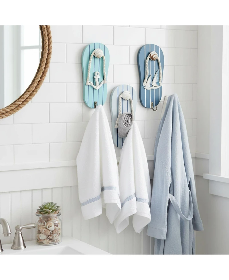 Yigii Cute Flip Flop Wooden Wall Hooks Beach Themed Metal Hooks Decor for Bathroom Poolside Beach Houses