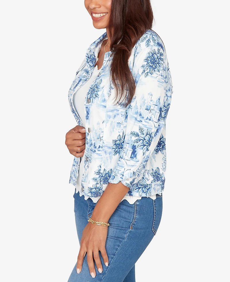 Ruby Rd. Petite Toile Print Button-Front Denim Jacket