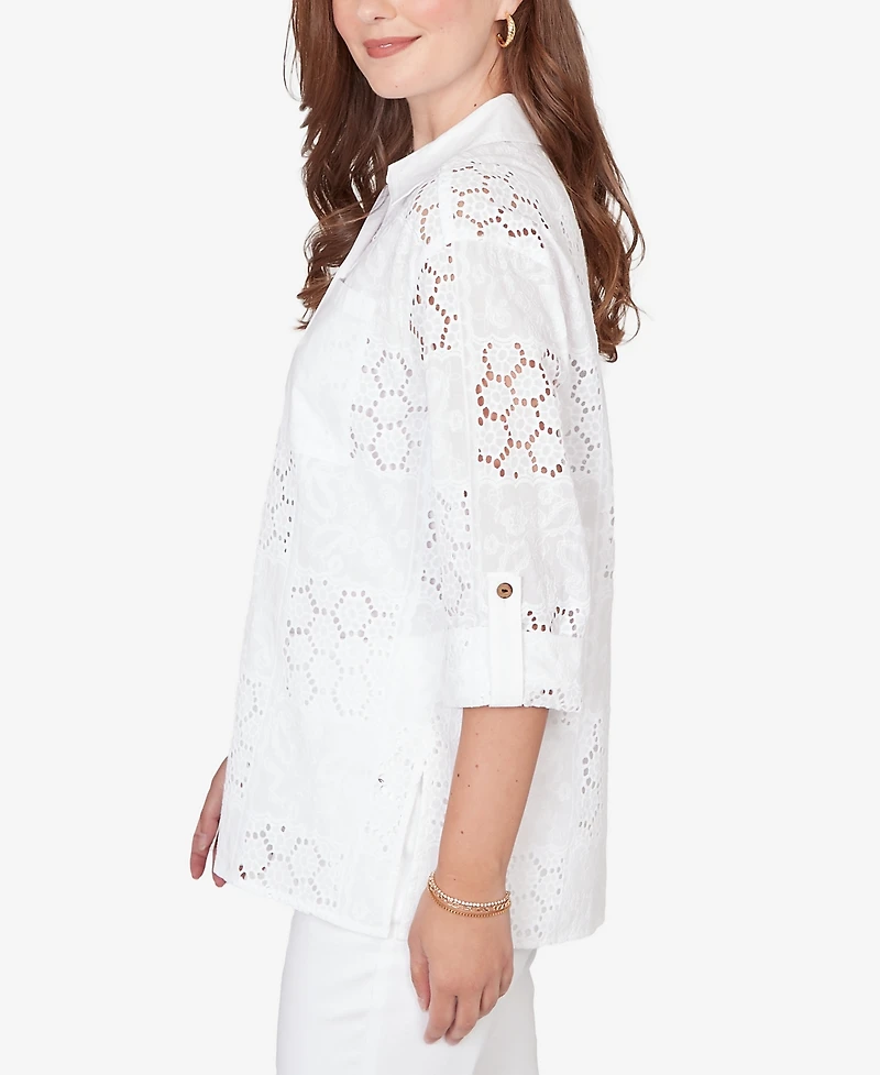 Ruby Rd. Petite Patchwork Eyelet Roll-Tab-Sleeve Top