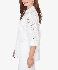 Ruby Rd. Petite Patchwork Eyelet Roll-Tab-Sleeve Top
