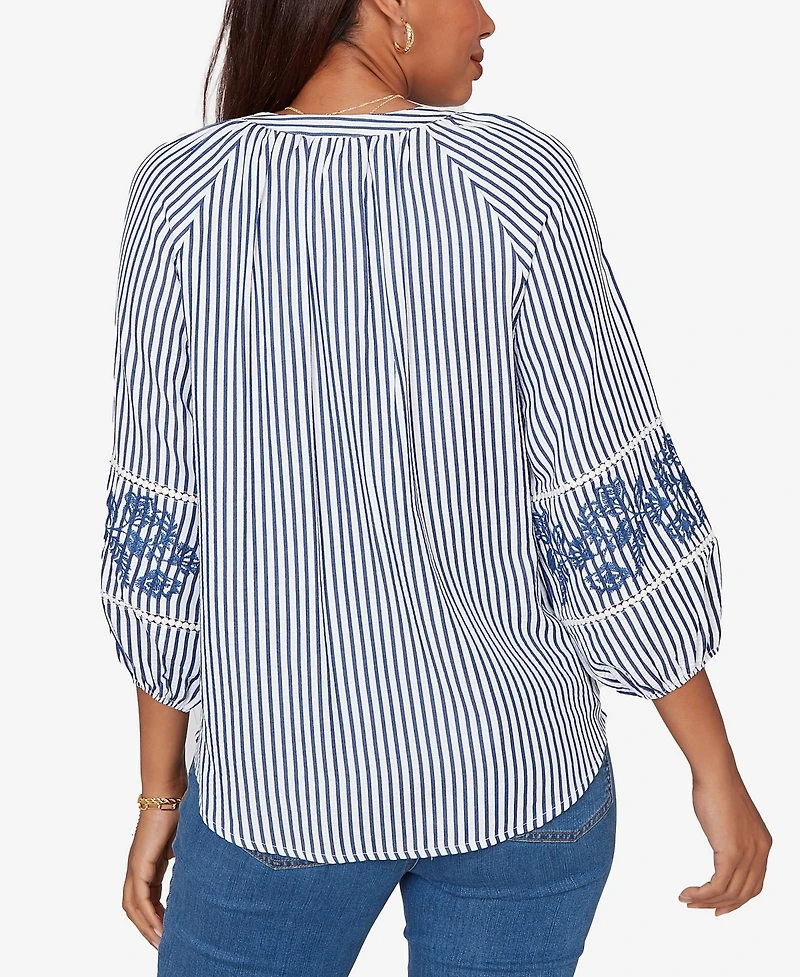 Ruby Rd. Petite Embroidered Seersucker Tie-Front Henley Top