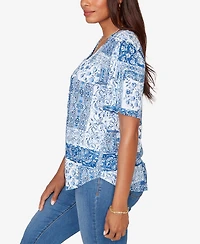 Ruby Rd. Petite Patchwork Bandana Henley T-Shirt