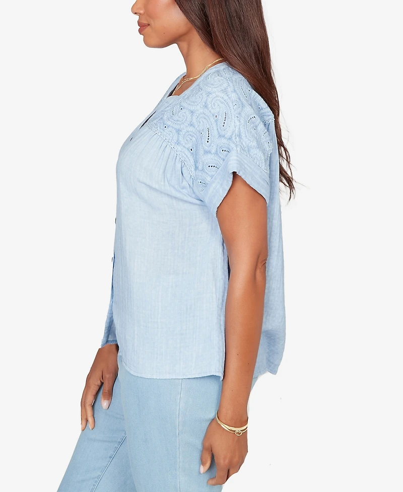 Ruby Rd. Petite Paisley Embroidered Gauze-Button T-Shirt