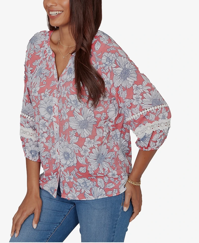 Ruby Rd. Petite Floral Silky Gauze Peasant Button-Front Top