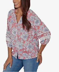 Ruby Rd. Petite Floral Silky Gauze Peasant Button-Front Top