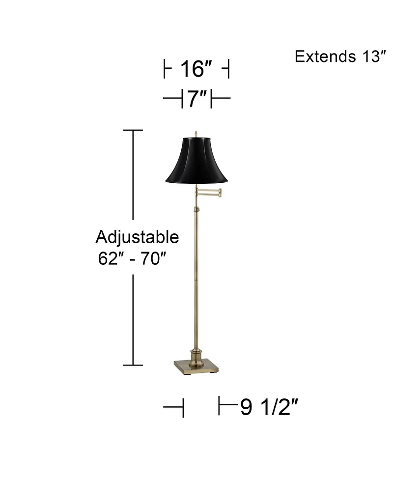 360 Lighting Traditional Swing Arm Floor Lamp Adjustable Height 70" Tall Antique Brass Leatherette Bell Shade for Living Room Bedroom