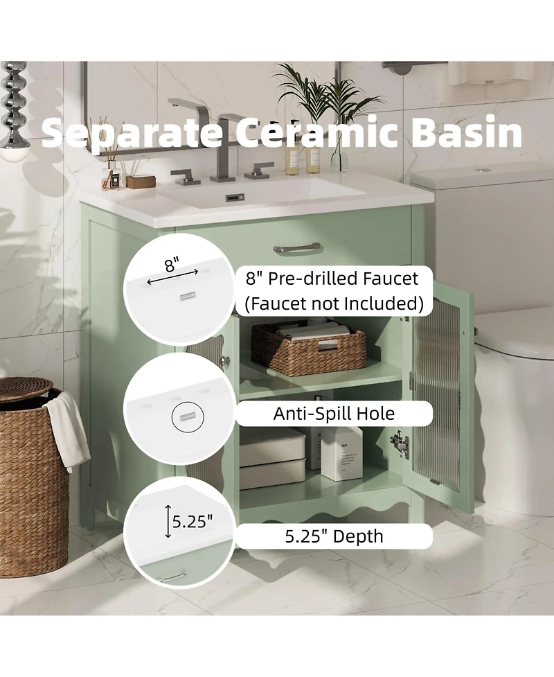 Busdays 30" Bathroom Vanity with Tempered Glass, Modern Cabinet with Rubber Wood Legs and Soft-Close Doors