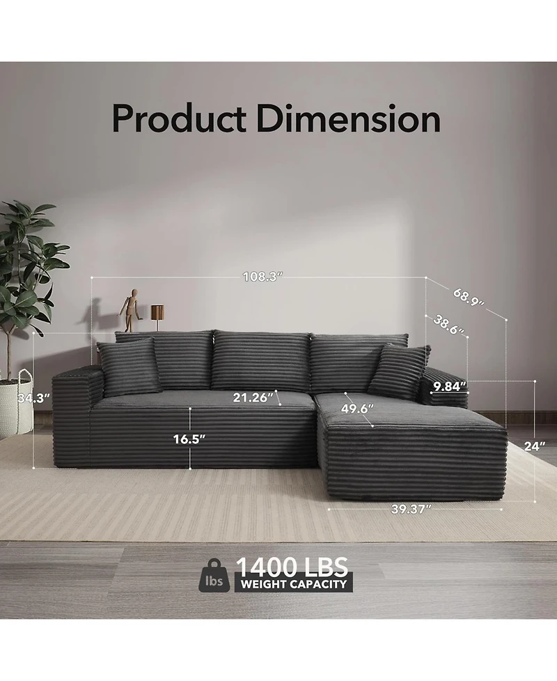 gaomon 108" Cloud Sectional Sofa, L-Shaped Couch with Deep Seat, Corduroy