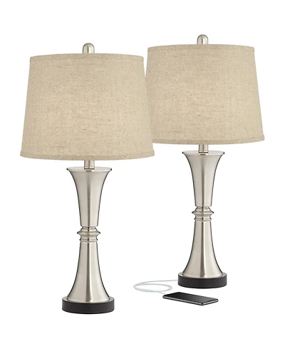 360 Lighting Seymore Modern Table Lamps 26" High Set of 2 with Usb Port Led Touch On Burlap Linen Drum Shade for Bedroom Living Room Desk