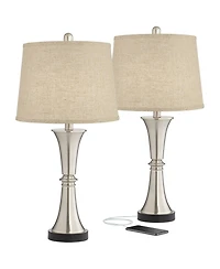 360 Lighting Seymore Modern Table Lamps 26" High Set of 2 with Usb Port Led Touch On Burlap Linen Drum Shade for Bedroom Living Room Desk
