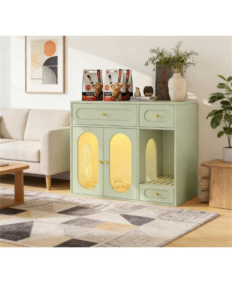 Zeus & Ruta Cat Litter Box Enclosure with Led Light, Storage Drawers and Acrylic Doors