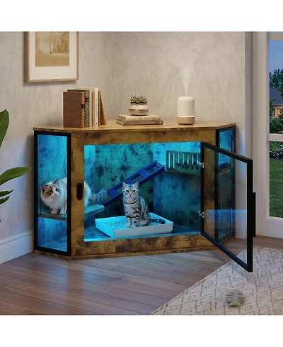 Zeus & Ruta 48 in. Corner Cat Litter Box Enclosure Modern Hidden Cabinet with Acrylic Door Led Light and Playground