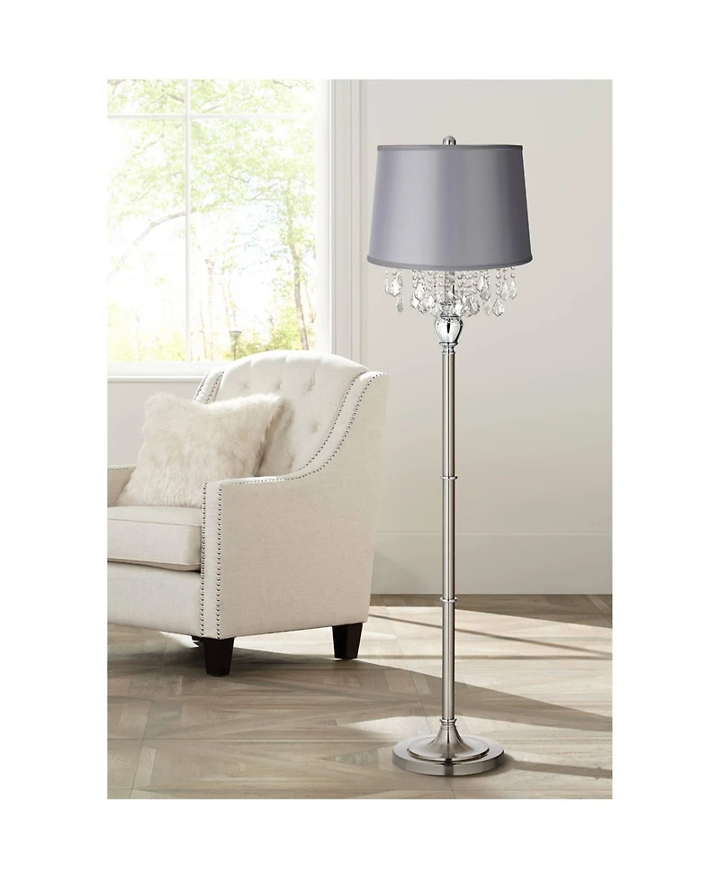 360 Lighting Modern Floor Lamp 62.5" Tall Satin Steel Chrome Crystal Chandelier Satin Drum Shade for Living Room Reading Bedroom