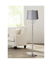 360 Lighting Modern Floor Lamp 62.5" Tall Satin Steel Chrome Crystal Chandelier Satin Drum Shade for Living Room Reading Bedroom
