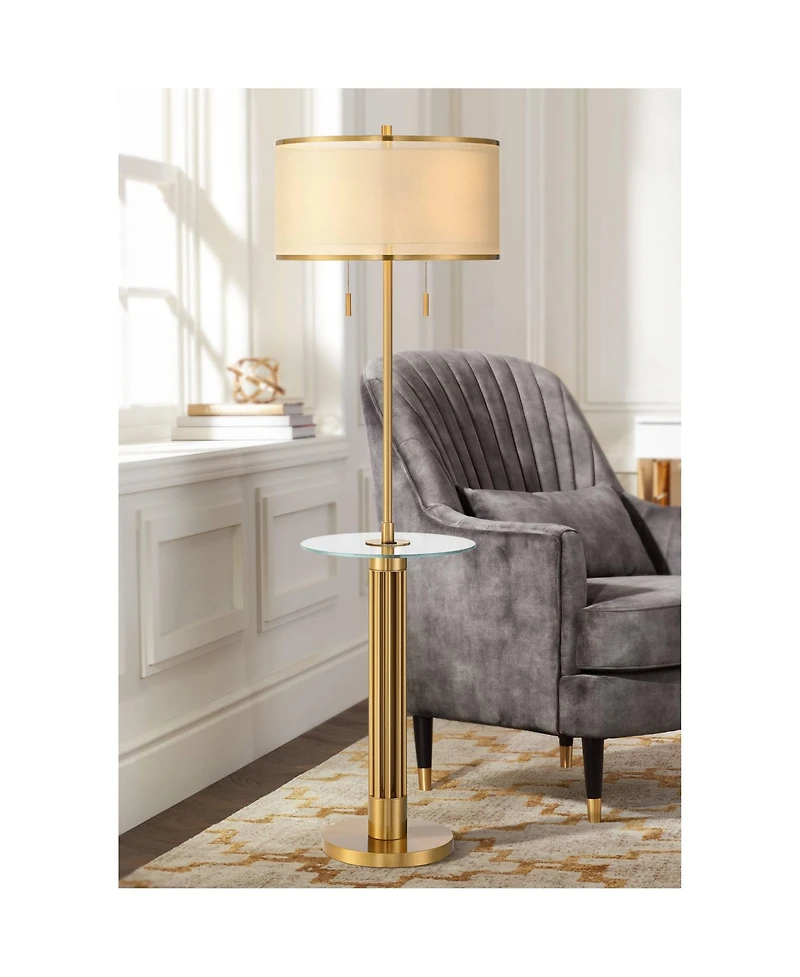 Possini Euro Design Granview Mid Century Modern 66" Tall Standing Floor Lamp with Glass Table Usb Port Gold Metal Warm Brass Finish