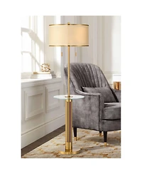 Possini Euro Design Granview Mid Century Modern 66" Tall Standing Floor Lamp with Glass Table Usb Port Gold Metal Warm Brass Finish