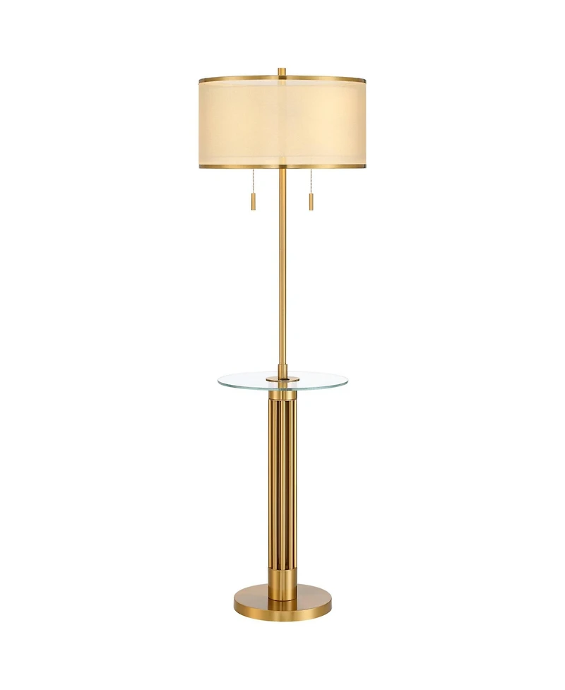 Possini Euro Design Granview Mid Century Modern 66" Tall Standing Floor Lamp with Glass Table Usb Port Gold Metal Warm Brass Finish