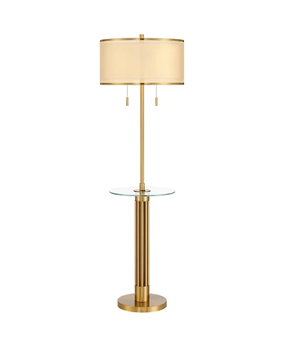 Possini Euro Design Granview Mid Century Modern 66" Tall Standing Floor Lamp with Glass Table Usb Port Gold Metal Warm Brass Finish