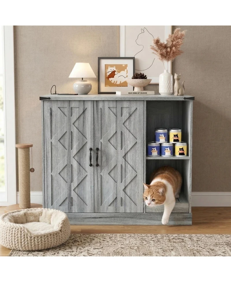 Zeus & Ruta Cat Litter Box Cabinet with Power Outlet Hidden Modern Furniture for Large Automatic Litter Boxes with Litter Catcher