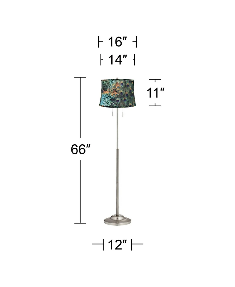 360 Lighting Abba Modern Floor Lamp Standing 66" Tall Brushed Nickel Metal Peacock Print Drum Shade for Living Room Bedroom Office House Home