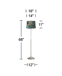 360 Lighting Abba Modern Floor Lamp Standing 66" Tall Brushed Nickel Metal Peacock Print Drum Shade for Living Room Bedroom Office House Home