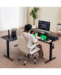 Gouun L Shaped Electric Standing Desk 63 x 55 in, Adjustable Height Corner Desk with Led Light Strip and Power Strip