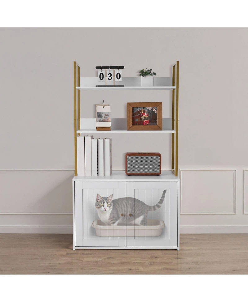 Gouun Hidden Cat Litter Box Cabinet with Storage Shelves and Metal Legs