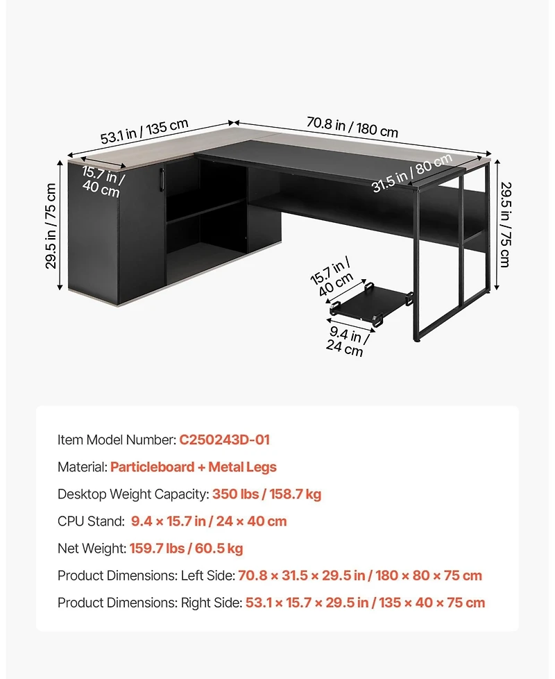 Gouun L-Shaped Executive Desk with Drawers and Storage Cabinet, 71 x 53 in Office Table with Cpu Stand, 350 lbs