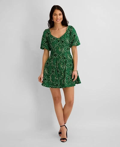 Kensie Women's Corded Woven Printed V-Neck Dress