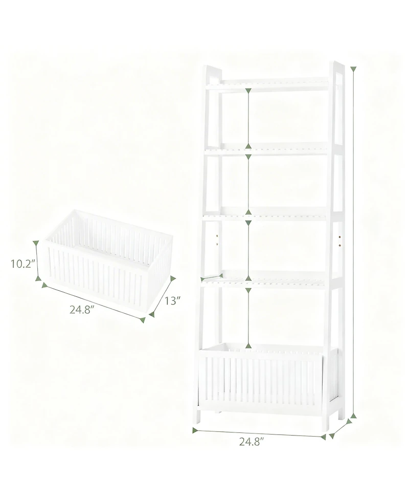Yigii Ladder Shelf 4-Tier Bookshelf with Storage Basket Bamboo Bookcase