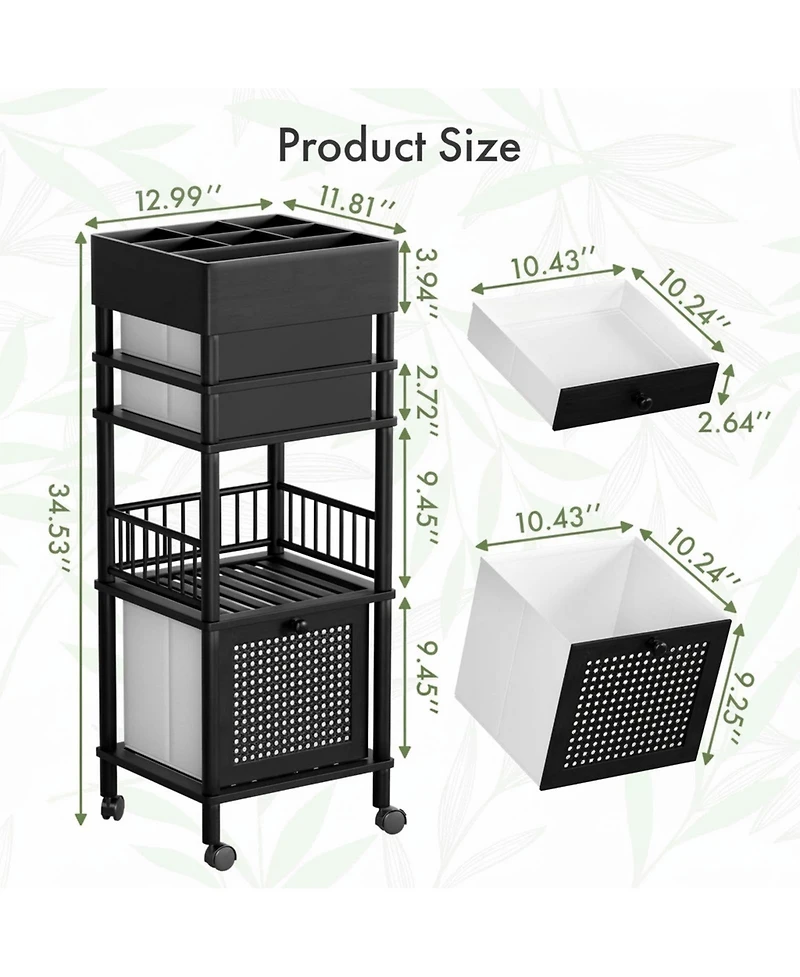 Yigii Bamboo Makeup Organizer Cart 3 Drawers Rolling Storage for Bathroom Bedroom Vanity Skin Care Perfume Hair Tools