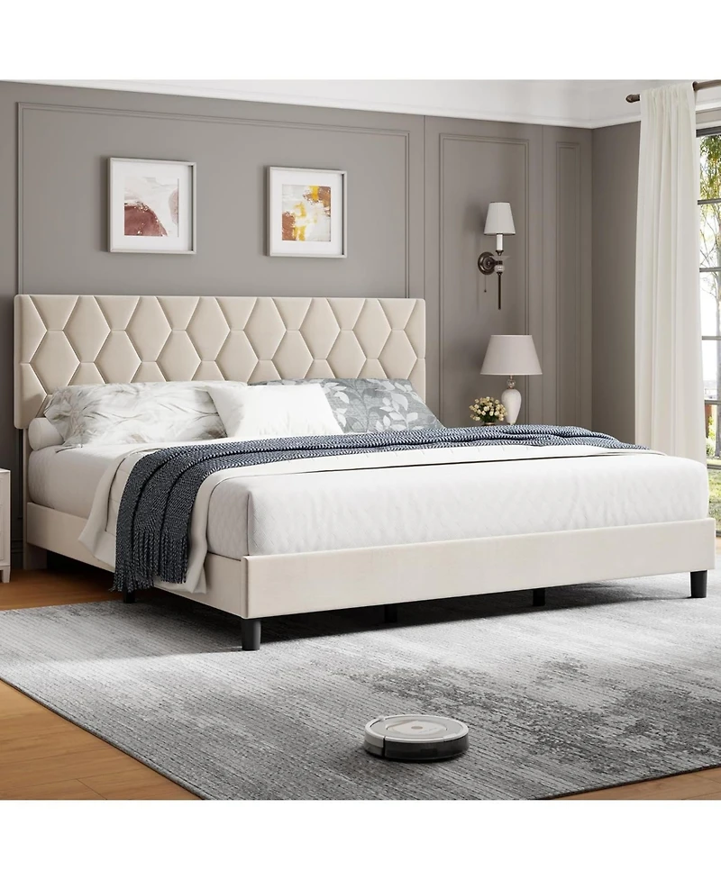 gaomon Bed Frame with Upholstered Headboard, Frame, Heavy-Duty Platform Strong Wood Slats