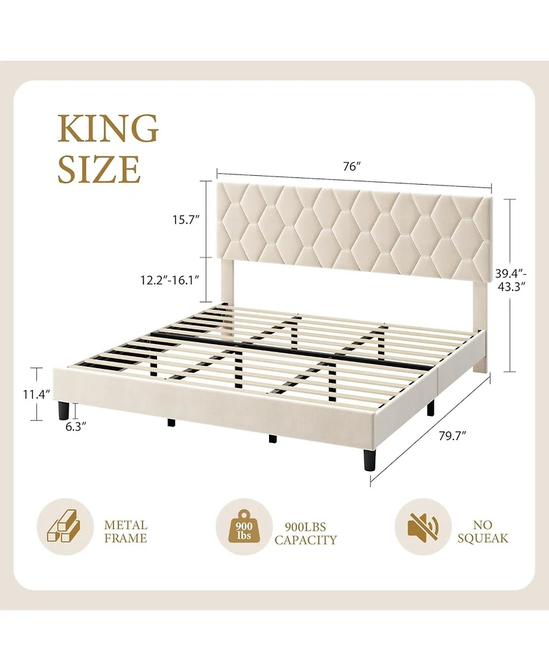 gaomon Bed Frame with Upholstered Headboard, Upholstered Bed Frame, Heavy-Duty Platform Bed Frame with Strong Wood Slats
