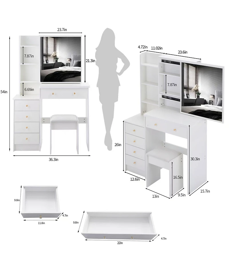 Flynama Modern Medium Led Vanity Table with Bedside Cabinet Slide Mirror Classic and Cushioned Stool