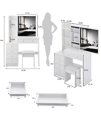 Flynama Modern Medium Led Vanity Table with Bedside Cabinet Slide Mirror Classic and Cushioned Stool