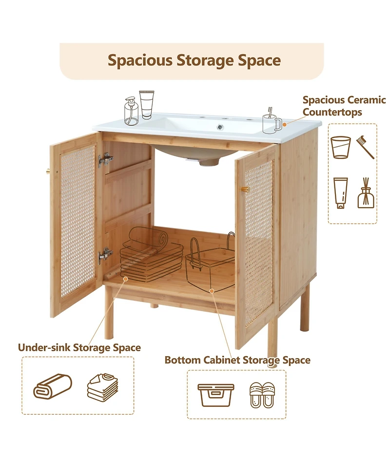 Busdays 30-inch bathroom vanity crafted from natural materials, featuring handmade rattan doors and soft-closing mechanisms