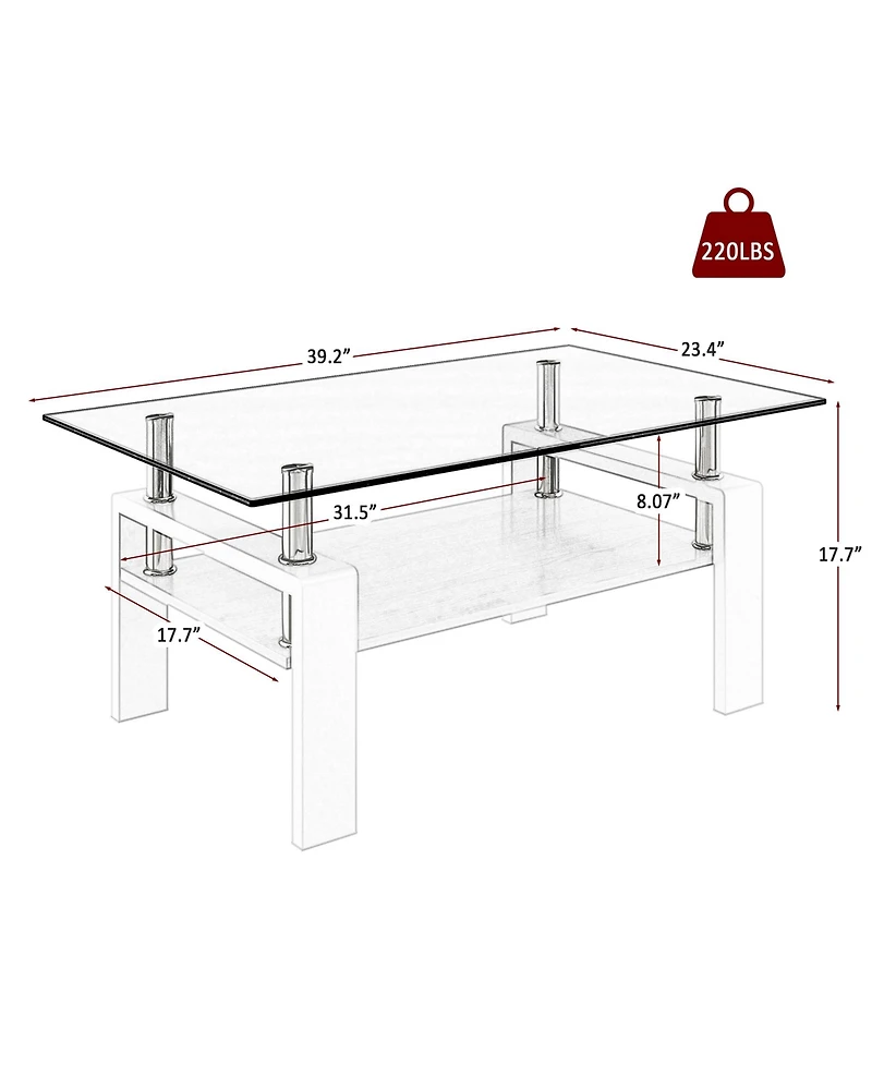 Rainsken Modern 2-Tier Coffee Table, Rectangle Center Table with Tempered Glass Top, Mdf Shelf and Metal Legs for Living Room and Home Office