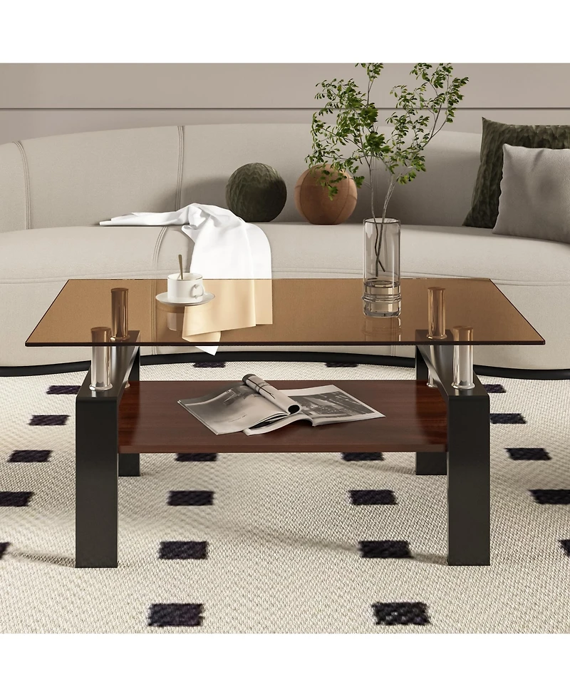 Rainsken 2-Tier Coffee Table, Rectangle Center Table with Tempered Glass Top, Mdf Shelf and Metal Legs for Living Room, Home Office