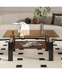 Rainsken 2-Tier Coffee Table, Rectangle Center Table with Tempered Glass Top, Mdf Shelf and Metal Legs for Living Room, Home Office