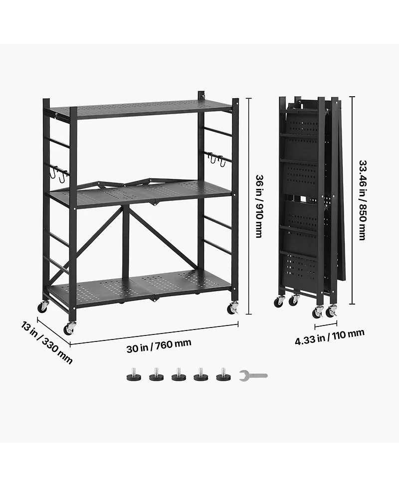 Rainsken 3-Tier Foldable Storage Shelf, Folding Metal Storage Shelving Unit with 5 Wheels and 4 Hooks for Kitchen, Garage, Basement