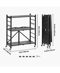 Rainsken 3-Tier Foldable Storage Shelf, Folding Metal Storage Shelving Unit with 5 Wheels and 4 Hooks for Kitchen, Garage, Basement